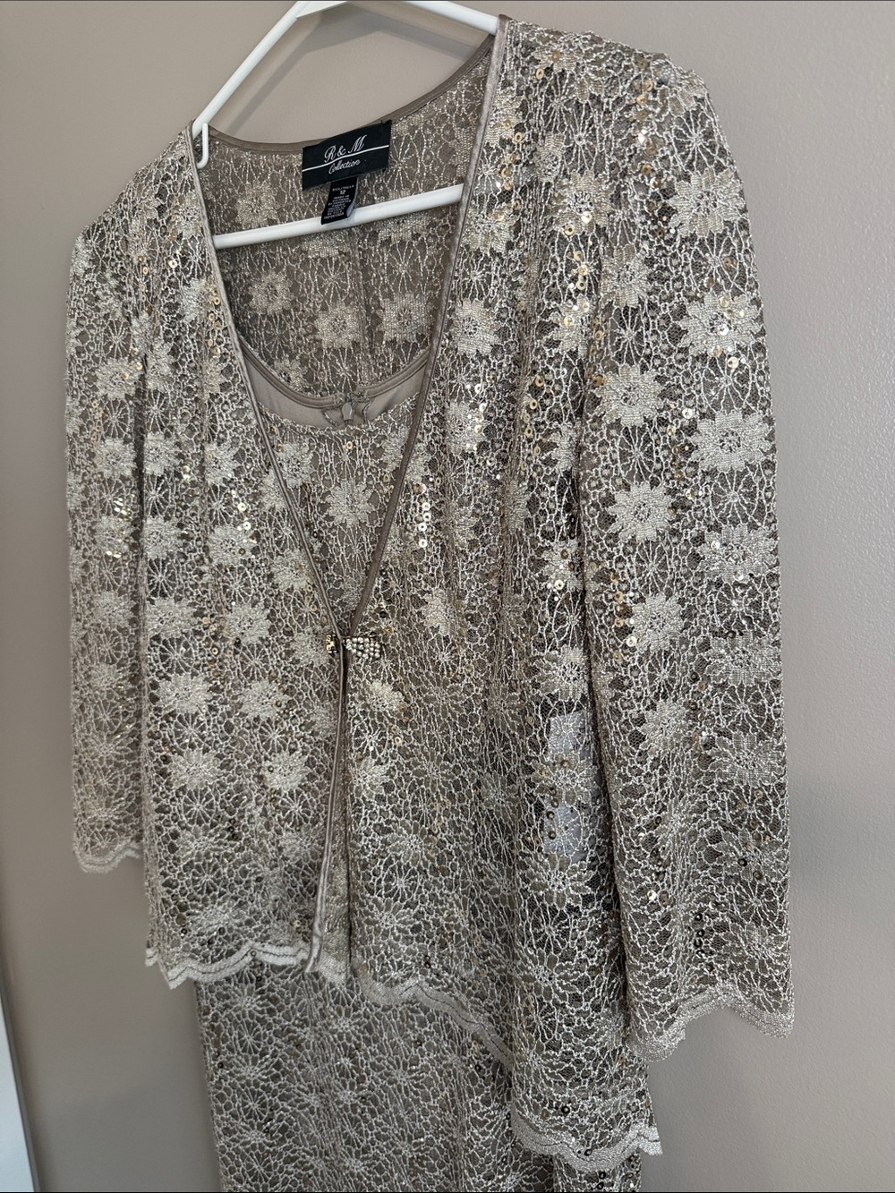 R&M Richards 2 Piece Taupe Gold‎ Sequin Lace Mother of Bride Dress Jacket Set 12 - Picture 4 of 16